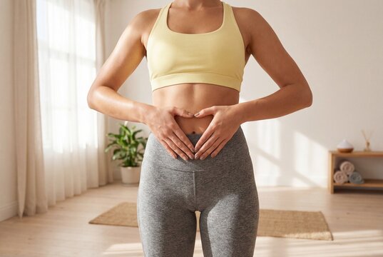 Fit woman in sportswear making heart shape with hands over stomach for healthy digestion concept - Powered by Adobe