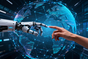 Robotic Hand and Human Hand Touching Globe