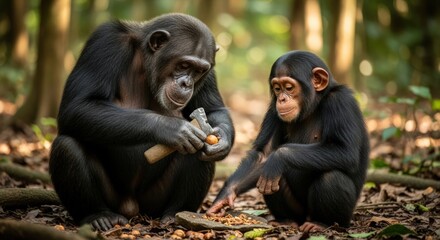 Two chimpanzees sitting on forest floor, one holding a branch, surrounded by trees and fallen