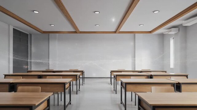 Empty modern classroom with wooden desks and concrete walls.