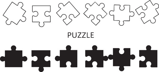 Naklejka premium A collection of black and white puzzle piece icons in outline and silhouette style