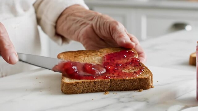 Spreading delicious fruit preserve onto toasted bread slices in a bright kitchen setting