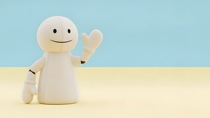Cute minimalist puppet waving, smooth curves, flat pastel background, playful and friendly tone