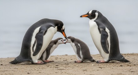 Obraz premium Three penguins interact on a sandy beach with a calm body of water in the background.