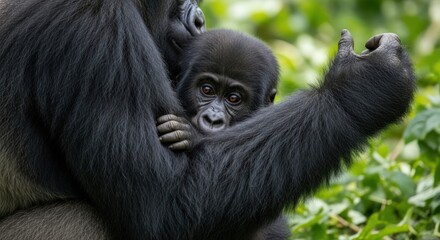 A gorilla tenderly holds a baby gorilla in a lush green environment with natural lighting.