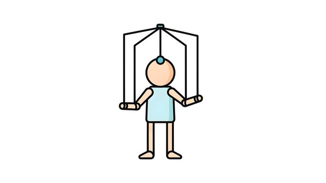 Minimal cartoon puppet icon with strings attached to hands and head, clean UI-style vector design