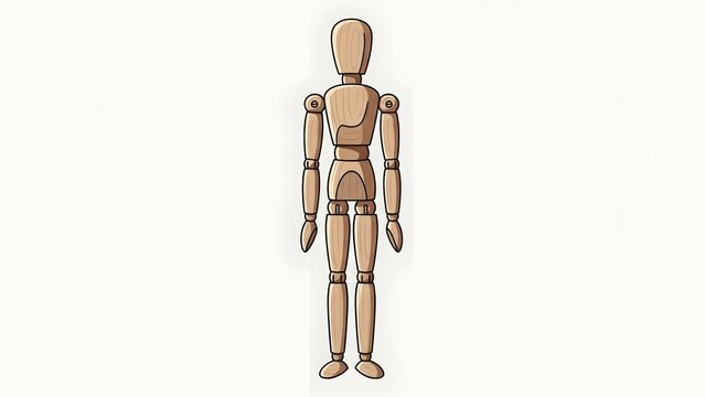 Minimalist wooden puppet standing upright, simplified anatomy, no texture, logo-ready vector art