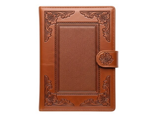 Detailed leather journal cover with floral designs on transparent background