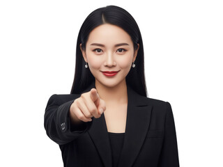 Beautiful asian woman pointing forward professional attire on transparent background