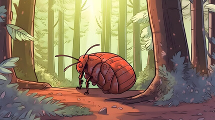 Large Red Insect in a Sunlit Forest