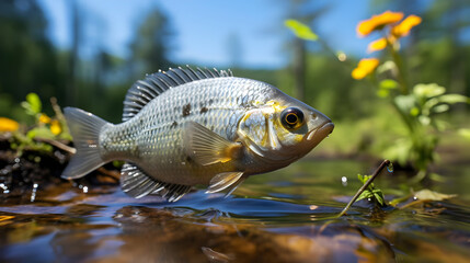 Silver Fish Leaping in Shallow Water near Yellow Flowers