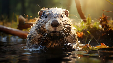 Wet Beaver in Forest at Golden Hour