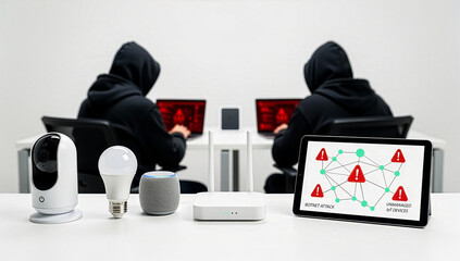 Hooded cybercriminals orchestrate a botnet attack using unmanaged IoT devices, showcasing the digital battleground of cyberwar and security threats