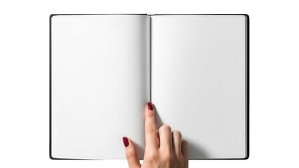 Open book with a hand touching the page on transparent background