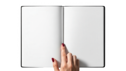 Open book with a hand touching the page on transparent background