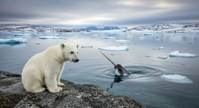 A polar bear sits on a rocky outcrop as a narwhal swims in icy waters with floating chunks of ice