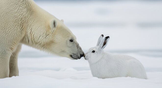 A polar bear gently touches noses with a white arctic hare in a snowy landscape with a serene
