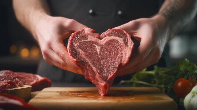 Chef hands carefully shaping fresh raw ribeye steak on rustic wooden cutting board preparation scene