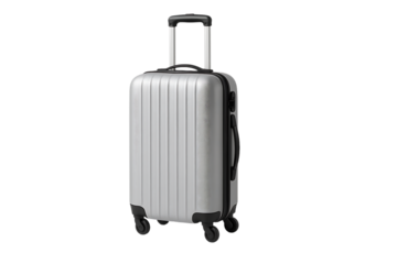Silver suitcase with wheels on a white background