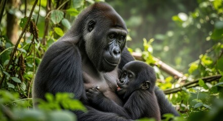 Obraz premium A gorilla tenderly holds a baby gorilla in a lush forest with dense green foliage.