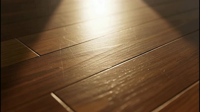 Sunlight gently illuminates a polished wooden floor with a person's feet in white socks