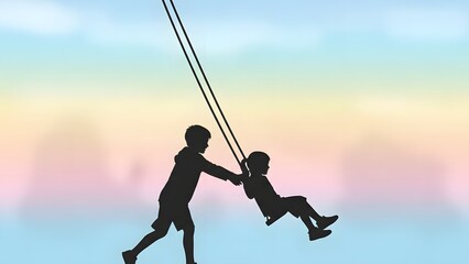 Minimal illustration of childhood friends playing together, simplified silhouettes, soft pastel background