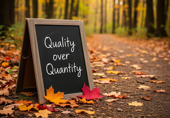 Rustic chalkboard sign with Quality over Quantity text on autumn forest path - Time Quality Concept