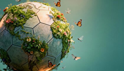 A stylized soccer ball adorned with nature elements (flowers, moss, greenery) and butterflies, symbolizing eco-friendliness and the harmony between sports and the environment.