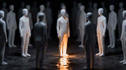 A singular illuminated figure stands amid numerous pale, abstract mannequins, creating a stark contrast in a dark, moody scene. Emphasizes individuality, identity, and artistic expression.