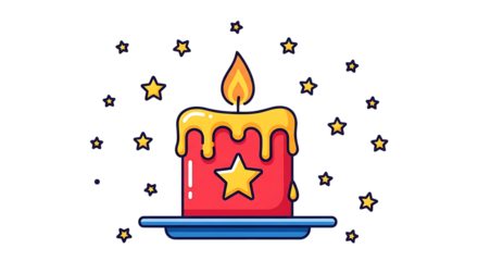 Red candle with yellow dripping wax and star decoration surrounded by yellow stars on black background isolated on a transparent background
