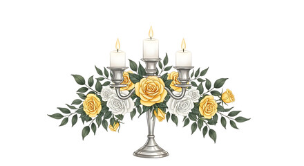 Silver Candelabra with Yellow and White Roses and Green Leaves candle holder metallic isolated on a transparent background