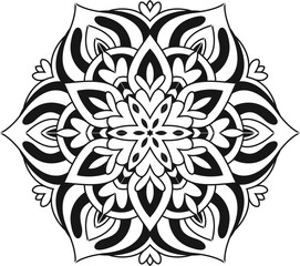Bold black mandala illustration with thick decorative lines and symmetrical structure