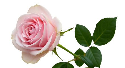 Single Light Pink Rose with Green Leaves and Stem on Black Background flower bloom isolated on a transparent background