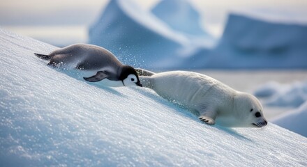 Fototapeta premium Two animals, a seal and a polar bear, sliding down a snowy slope with icebergs in the background.