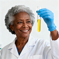 Senior female scientist in lab coat and gloves holds test tube with yellow liquid, examining for scientific analysis or experiment. Medical/chemistry research context.