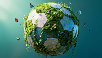 A soccer ball is transformed into a miniature ecosystem, covered with greenery, flowers, and butterflies, symbolizing environmental harmony and sustainable living.
