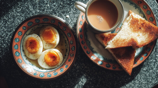 Top down view of classic Malaysian breakfast with soft boiled eggs, kaya toast, and coffee on table, traditional kopitiam style morning meal.