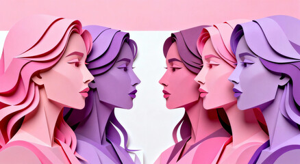 Five stylized women in profile view, created with paper art illustration technique. Colorful pink and purple tones, abstract and minimalist composition emphasizing feminine beauty and diversity.