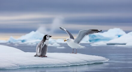 A penguin and a seagull on a floating ice floe in icy waters with glaciers and a cloudy sky.