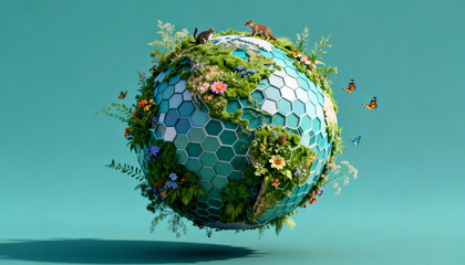 3D rendered eco-sphere with hexagonal patterns, lush greenery, flowers, animals, and butterflies, symbolizing nature, ecosystem, and environmental sustainability.