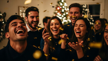 Festive friends celebrating with confetti illustrations and laughter, a joyful holiday gathering