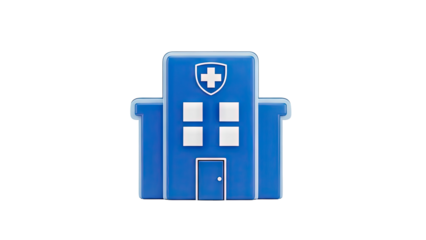 3D Blue hospital building icon with white cross and windows on transparent background