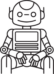 Fototapeta premium A simple black and white line art illustration of a friendly sitting robot character