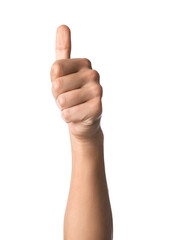 Man showing thumbs up on white background, closeup