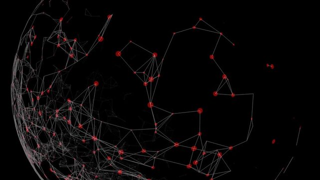 Dynamic visualization of a complex network forming a spherical shape. The animation features red circular nodes connected by thin white lines (plexus effect) that pulse and shift against a black backg