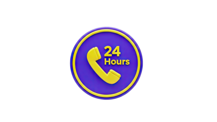 3D 24 Hours service icon with phone symbol on transparent background