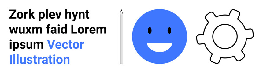 Fototapeta premium Creativity, digital design, technology, communication, user interface, teamwork. Blue smiling face, gear icon and pencil in a minimal design. Creativity and digital design concept