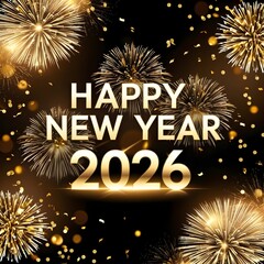 Luxury Happy New Year 2026 with Golden Fireworks Celebration Background. 