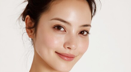 Close up of young woman smiling with clear skin against white background