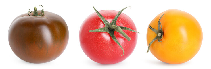 Fresh tomatoes of different colors isolated on white, set